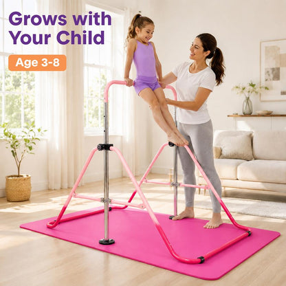 Hurtle Expandable Folding Gymnastics Bar With Mat - Adjustable Height, Hanging Rings And Bar Pad For Kids (Dark Pink + Light Pink)