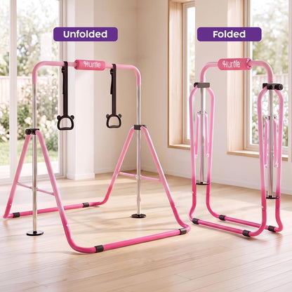Hurtle Expandable Folding Gymnastics Bar With Mat - Adjustable Height, Hanging Rings And Bar Pad For Kids (Dark Pink + Light Pink)