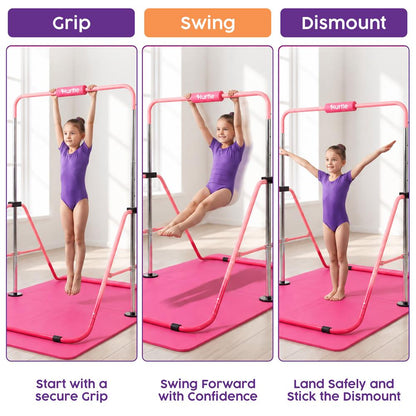 Hurtle Expandable Folding Gymnastics Bar With Mat - Adjustable Height, Hanging Rings And Bar Pad For Kids (Dark Pink + Light Pink)