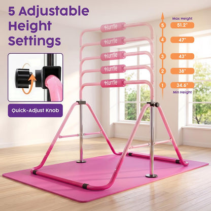 Hurtle Expandable Folding Gymnastics Bar With Mat - Adjustable Height, Hanging Rings And Bar Pad For Kids (Dark Pink + Light Pink)
