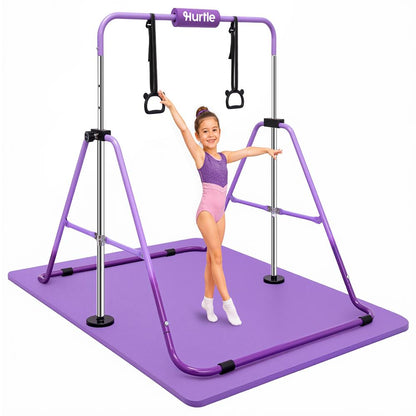Hurtle Expandable Folding Gymnastics Bar With Mat - Adjustable Height, Hanging Rings And Bar Pad For Kids (Dark Purple + Light Purple)