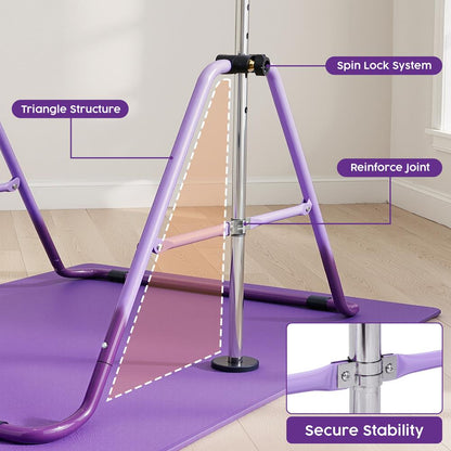 Hurtle Expandable Folding Gymnastics Bar With Mat - Adjustable Height, Hanging Rings And Bar Pad For Kids (Dark Purple + Light Purple)