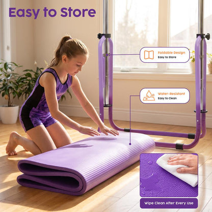 Hurtle Expandable Folding Gymnastics Bar With Mat - Adjustable Height, Hanging Rings And Bar Pad For Kids (Dark Purple + Light Purple)