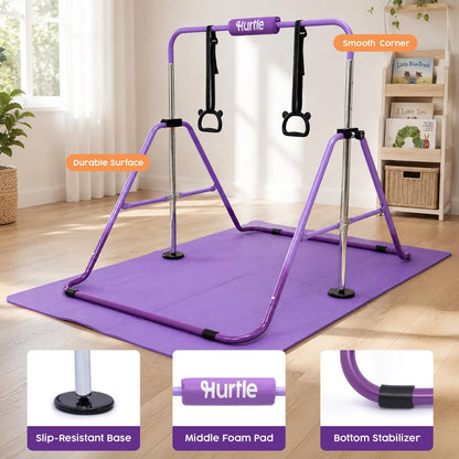 Hurtle Expandable Folding Gymnastics Bar With Mat - Adjustable Height, Hanging Rings And Bar Pad For Kids (Dark Purple + Light Purple)
