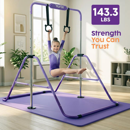 Hurtle Expandable Folding Gymnastics Bar With Mat - Adjustable Height, Hanging Rings And Bar Pad For Kids (Dark Purple + Light Purple)