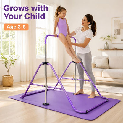 Hurtle Expandable Folding Gymnastics Bar With Mat - Adjustable Height, Hanging Rings And Bar Pad For Kids (Dark Purple + Light Purple)
