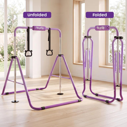 Hurtle Expandable Folding Gymnastics Bar With Mat - Adjustable Height, Hanging Rings And Bar Pad For Kids (Dark Purple + Light Purple)