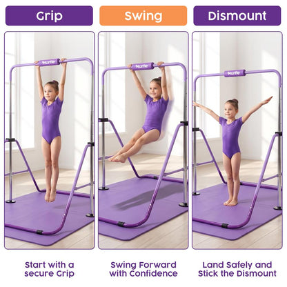 Hurtle Expandable Folding Gymnastics Bar With Mat - Adjustable Height, Hanging Rings And Bar Pad For Kids (Dark Purple + Light Purple)
