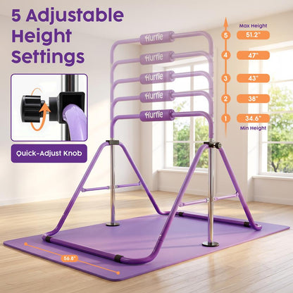 Hurtle Expandable Folding Gymnastics Bar With Mat - Adjustable Height, Hanging Rings And Bar Pad For Kids (Dark Purple + Light Purple)