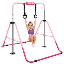 Hurtle Expandable Folding Gymnastics Bar With Adjustable Height, Hanging Rings And Bar Pad For Kids (Dark Pink + Light Pink)