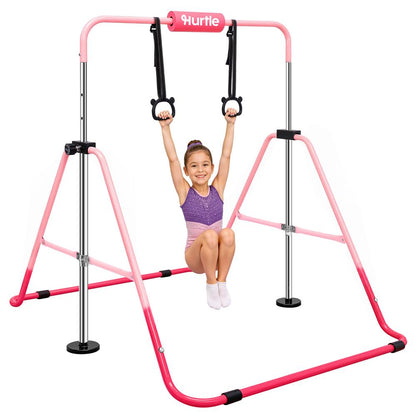 Hurtle Expandable Folding Gymnastics Bar With Adjustable Height, Hanging Rings And Bar Pad For Kids (Dark Pink + Light Pink)