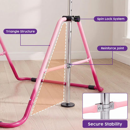 Hurtle Expandable Folding Gymnastics Bar With Adjustable Height, Hanging Rings And Bar Pad For Kids (Dark Pink + Light Pink)