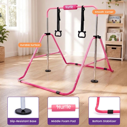 Hurtle Expandable Folding Gymnastics Bar With Adjustable Height, Hanging Rings And Bar Pad For Kids (Dark Pink + Light Pink)