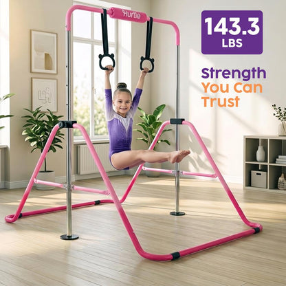 Hurtle Expandable Folding Gymnastics Bar With Adjustable Height, Hanging Rings And Bar Pad For Kids (Dark Pink + Light Pink)