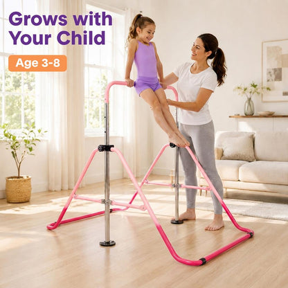Hurtle Expandable Folding Gymnastics Bar With Adjustable Height, Hanging Rings And Bar Pad For Kids (Dark Pink + Light Pink)