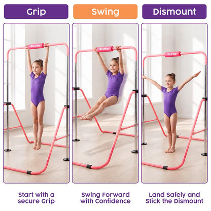 Hurtle Expandable Folding Gymnastics Bar With Adjustable Height, Hanging Rings And Bar Pad For Kids (Dark Pink + Light Pink)