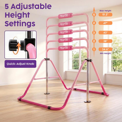 Hurtle Expandable Folding Gymnastics Bar With Adjustable Height, Hanging Rings And Bar Pad For Kids (Dark Pink + Light Pink)