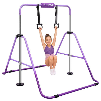 Hurtle Expandable Folding Gymnastics Bar With Adjustable Height, Hanging Rings And Bar Pad For Kids (Dark Purple + Light Purple)