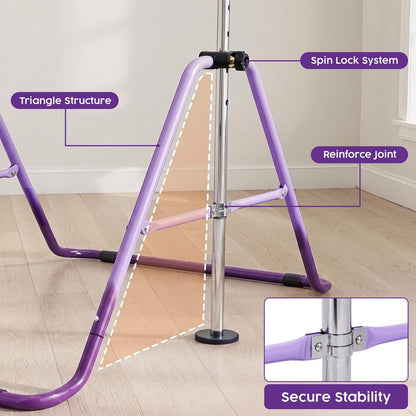 Hurtle Expandable Folding Gymnastics Bar With Adjustable Height, Hanging Rings And Bar Pad For Kids (Dark Purple + Light Purple)
