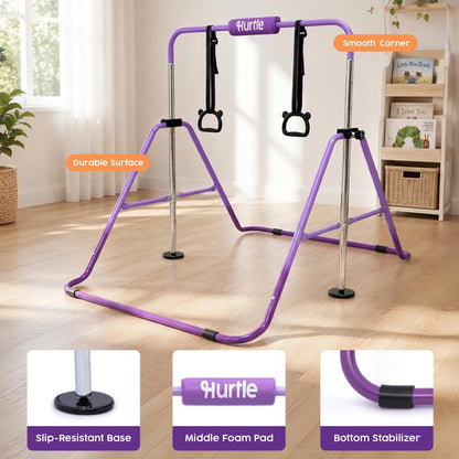 Hurtle Expandable Folding Gymnastics Bar With Adjustable Height, Hanging Rings And Bar Pad For Kids (Dark Purple + Light Purple)