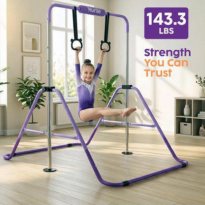 Hurtle Expandable Folding Gymnastics Bar With Adjustable Height, Hanging Rings And Bar Pad For Kids (Dark Purple + Light Purple)