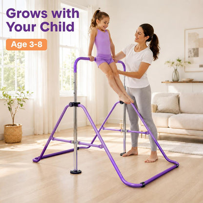 Hurtle Expandable Folding Gymnastics Bar With Adjustable Height, Hanging Rings And Bar Pad For Kids (Dark Purple + Light Purple)