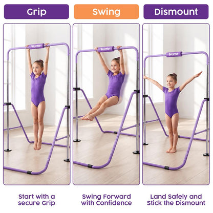 Hurtle Expandable Folding Gymnastics Bar With Adjustable Height, Hanging Rings And Bar Pad For Kids (Dark Purple + Light Purple)