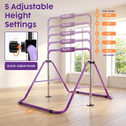 Hurtle Expandable Folding Gymnastics Bar With Adjustable Height, Hanging Rings And Bar Pad For Kids (Dark Purple + Light Purple)