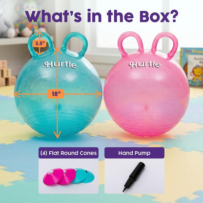 Hurtle 18" Glitter Hopper Ball Set With Handles, Air Pump & Cones – Indoor/Outdoor Active Play For Kids (Pink & Teal)