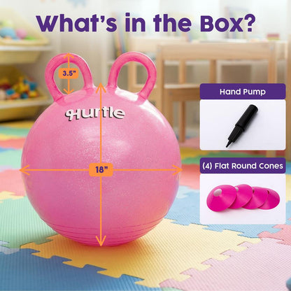 Hurtle 18" Glitter Hopper Ball With Handles, Air Pump & Cones – Indoor/Outdoor Active Play For Kids (Pink)