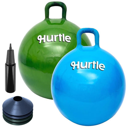 Hurtle 20" Marble Hopper Ball Set With Handles, Air Pump & Cones – Indoor/Outdoor Active Play For Kids (Army Green & Navy Blue)