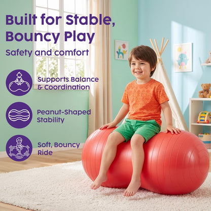 Hurtle Anti-Burst Peanut Exercise Ball With Hand Pump And Plugs, Great For Core Strength, Flexibility, And Balance In Everyday Workouts, Yoga, Or Gentle Movement Routines And Sensory Training (Red)