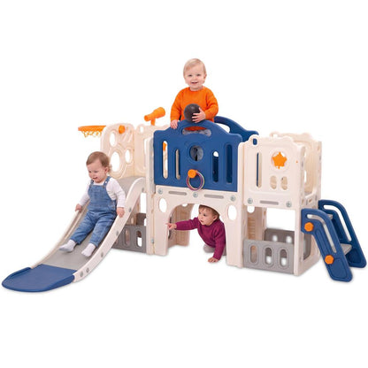 Hurtle 9-In-1 Indoor Kids Playground Set – Slide, Stairs, Basketball Hoop, Toy Telescope, Tunnel, Ring Toss, Drill-A-Hole, Lookout Tower & Storage Space, Ideal For Home And Playroom Use (Blue)