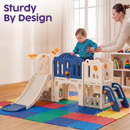Hurtle 9-In-1 Indoor Kids Playground Set – Slide, Stairs, Basketball Hoop, Toy Telescope, Tunnel, Ring Toss, Drill-A-Hole, Lookout Tower & Storage Space, Ideal For Home And Playroom Use (Blue)