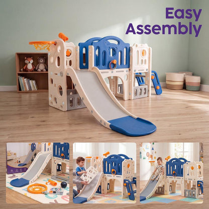 Hurtle 9-In-1 Indoor Kids Playground Set – Slide, Stairs, Basketball Hoop, Toy Telescope, Tunnel, Ring Toss, Drill-A-Hole, Lookout Tower & Storage Space, Ideal For Home And Playroom Use (Blue)