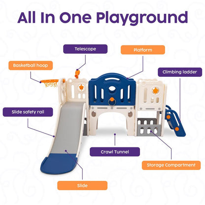 Hurtle 9-In-1 Indoor Kids Playground Set – Slide, Stairs, Basketball Hoop, Toy Telescope, Tunnel, Ring Toss, Drill-A-Hole, Lookout Tower & Storage Space, Ideal For Home And Playroom Use (Blue)
