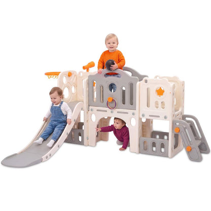 Hurtle 9-In-1 Indoor Kids Playground Set – Slide, Stairs, Basketball Hoop, Toy Telescope, Tunnel, Ring Toss, Drill-A-Hole, Lookout Tower & Storage Space, Ideal For Home And Playroom Use (Gray)