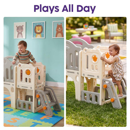 Hurtle 9-In-1 Indoor Kids Playground Set – Slide, Stairs, Basketball Hoop, Toy Telescope, Tunnel, Ring Toss, Drill-A-Hole, Lookout Tower & Storage Space, Ideal For Home And Playroom Use (Gray)