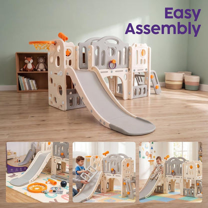 Hurtle 9-In-1 Indoor Kids Playground Set – Slide, Stairs, Basketball Hoop, Toy Telescope, Tunnel, Ring Toss, Drill-A-Hole, Lookout Tower & Storage Space, Ideal For Home And Playroom Use (Gray)