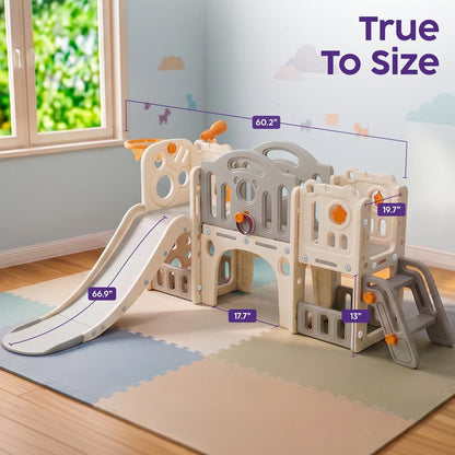 Hurtle 9-In-1 Indoor Kids Playground Set – Slide, Stairs, Basketball Hoop, Toy Telescope, Tunnel, Ring Toss, Drill-A-Hole, Lookout Tower & Storage Space, Ideal For Home And Playroom Use (Gray)