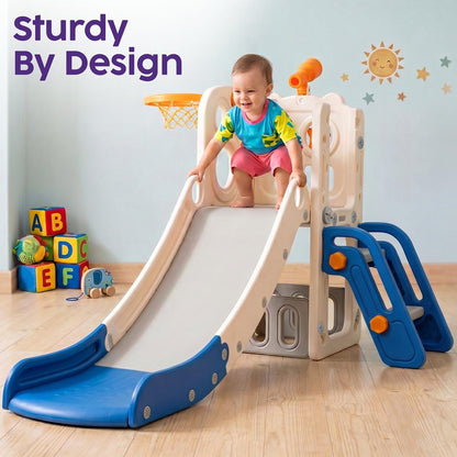 Hurtle Indoor Kids Playground Basic Set – Slide, Basketball Hoop, Play Telescope, And Ladder – Ideal For Toddlers And Young Children (Blue)