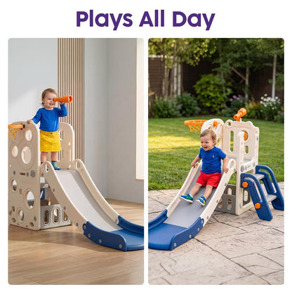 Hurtle Indoor Kids Playground Basic Set – Slide, Basketball Hoop, Play Telescope, And Ladder – Ideal For Toddlers And Young Children (Blue)