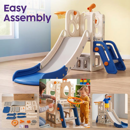Hurtle Indoor Kids Playground Basic Set – Slide, Basketball Hoop, Play Telescope, And Ladder – Ideal For Toddlers And Young Children (Blue)
