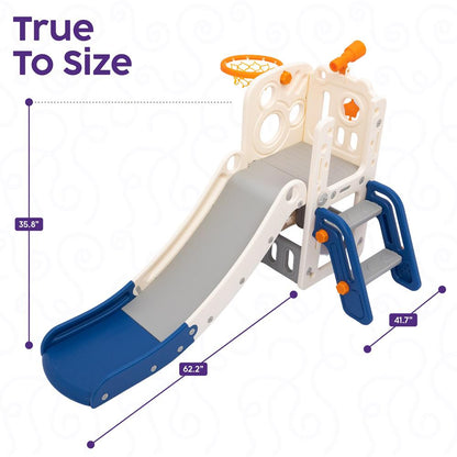 Hurtle Indoor Kids Playground Basic Set – Slide, Basketball Hoop, Play Telescope, And Ladder – Ideal For Toddlers And Young Children (Blue)