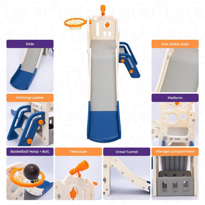 Hurtle Indoor Kids Playground Basic Set – Slide, Basketball Hoop, Play Telescope, And Ladder – Ideal For Toddlers And Young Children (Blue)