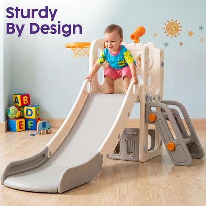 Hurtle Indoor Kids Playground Basic Set – Slide, Basketball Hoop, Play Telescope, And Ladder – Ideal For Toddlers And Young Children (Gray)