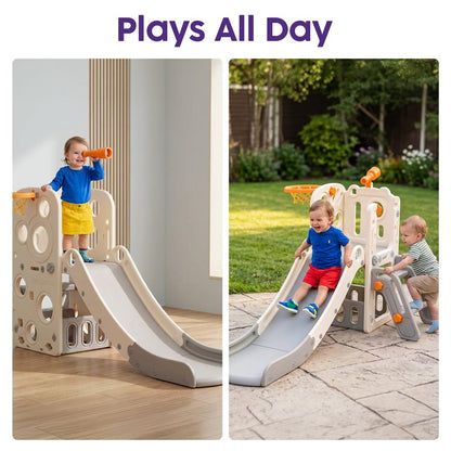 Hurtle Indoor Kids Playground Basic Set – Slide, Basketball Hoop, Play Telescope, And Ladder – Ideal For Toddlers And Young Children (Gray)