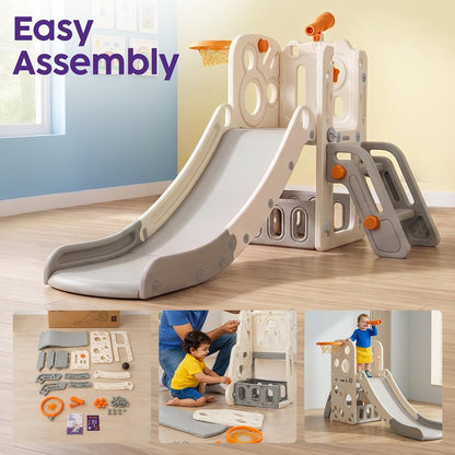Hurtle Indoor Kids Playground Basic Set – Slide, Basketball Hoop, Play Telescope, And Ladder – Ideal For Toddlers And Young Children (Gray)