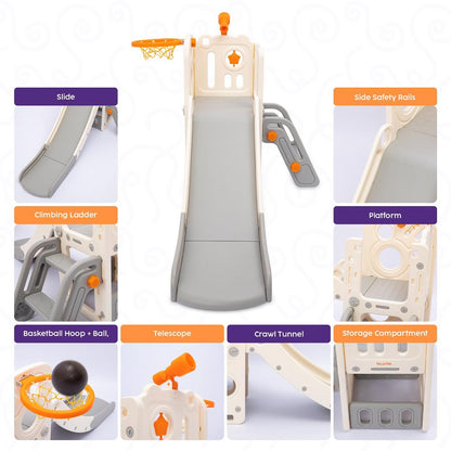 Hurtle Indoor Kids Playground Basic Set – Slide, Basketball Hoop, Play Telescope, And Ladder – Ideal For Toddlers And Young Children (Gray)