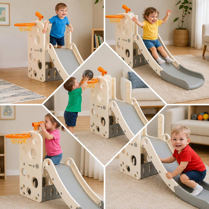 Hurtle Indoor Kids Playground Basic Set – Slide, Basketball Hoop, Play Telescope, And Ladder – Ideal For Toddlers And Young Children (Gray)